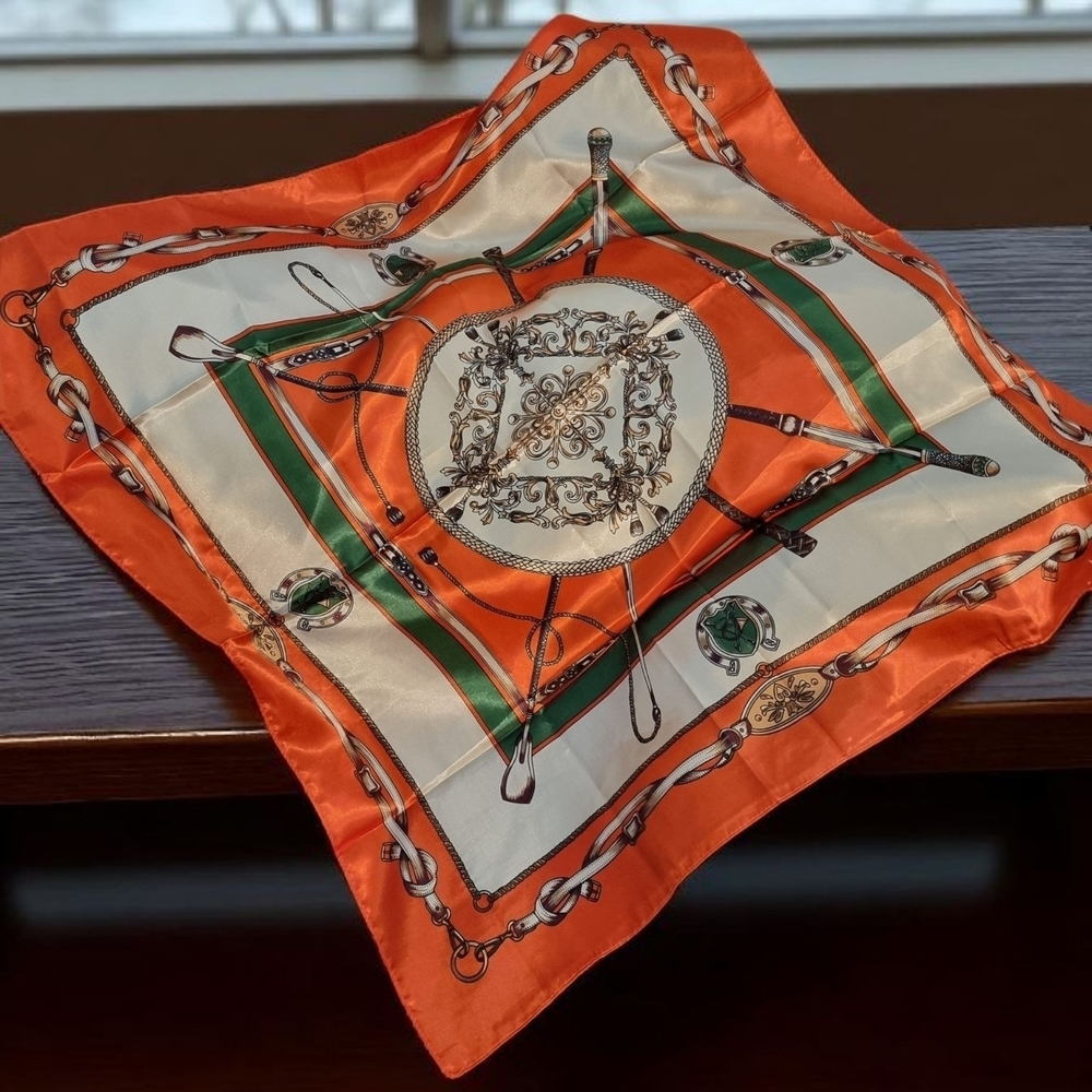 New!  "Equestrian Dream" Elegant Silky Scarf In Orange Hunter Green | NWOT (A2)